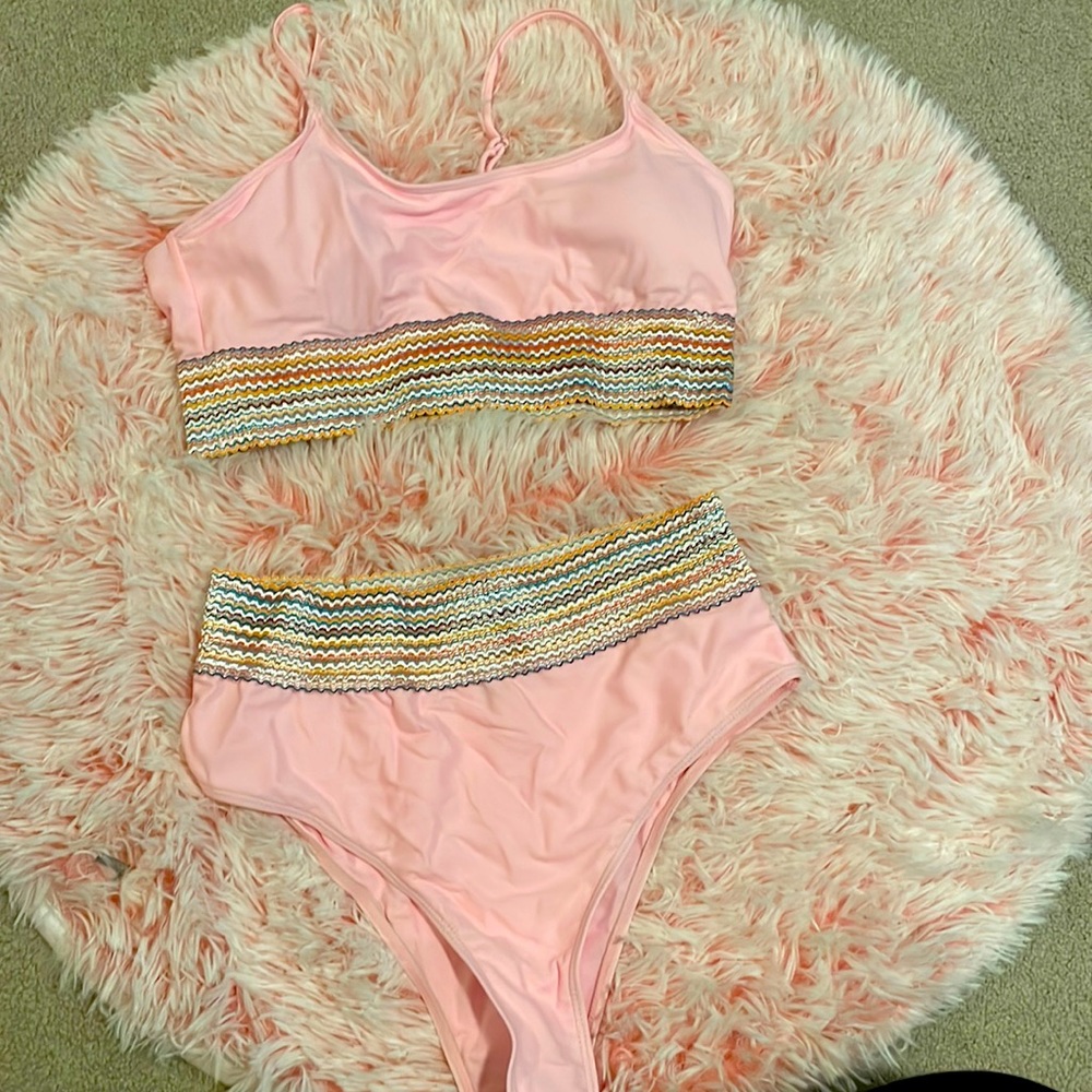 Two piece swimsuit. Pink and high waisted